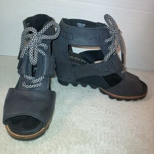 Sorel Black Leather Joanie Lace Wedge Sandals size 5